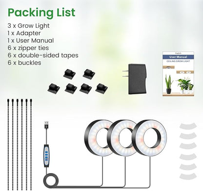 Wiaxulay Grow Lights for Indoor Plants, 144 LEDs Full Spectrum LED Plant Grow Light, 5V/3A Under Cabinet Grow Lamp with Auto Timer 6/12/16 Hrs, 3 Lighting Mode, 5 Brightness Levels, Tri Head (3.5in)