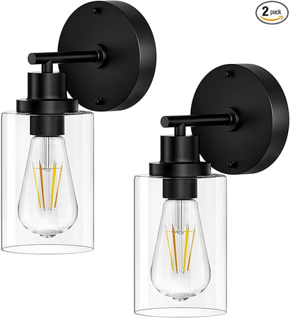 BUTHY Bathroom Wall Sconces Set of Two: Black Vanity Light Fixtures with E26 Base LED Cordless Indoor Wall Mount Lamp for Mirror Bedroom Hallway Stairway Modern Decor Lighting