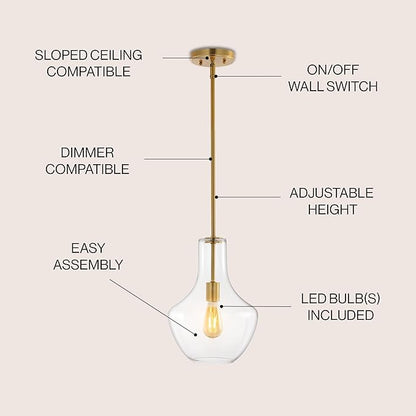 JONATHAN Y 10.5" Brass Gold/Clear Mid-Century Modern 1-Light LED Pendant Light Fixture, Adjustable Schoolhouse Hanging Lamp for Kitchen Island, Clear Glass Shade, LED Bulb Included (JYL6400C)