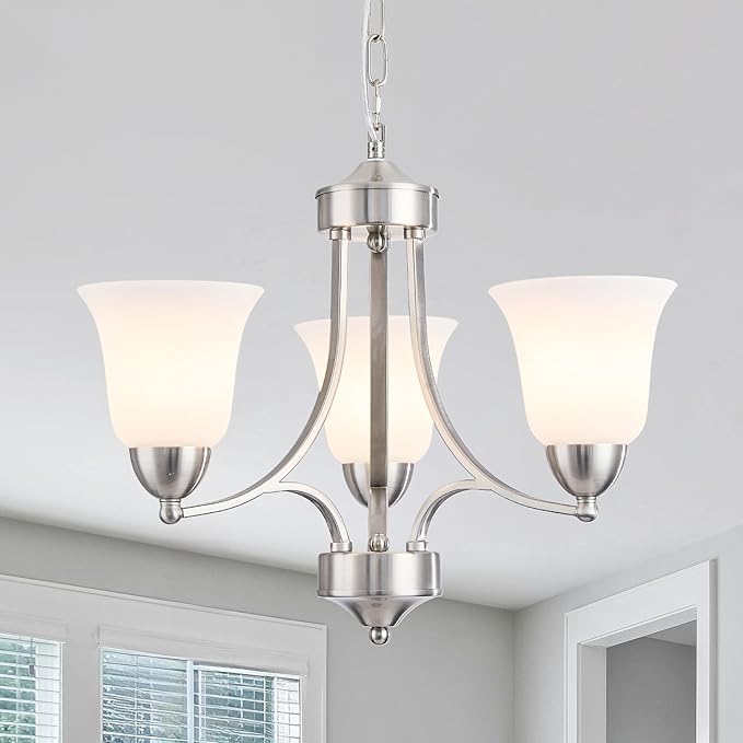 3-Lights Farmhouse Chandelier Brushed Nickel Modern Dining Room Light Fixture Silver Adjustable Ceiling Hanging Pendent Lighting with Frosted Glass for Kitchen Island, Living Room,Foyer