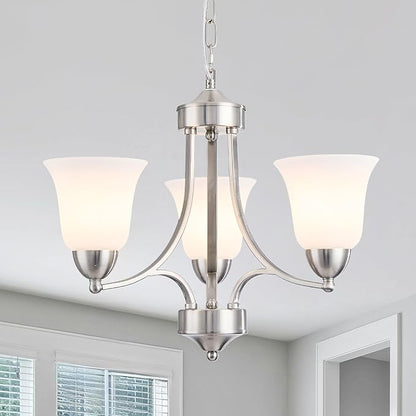 3-Lights Farmhouse Chandelier Brushed Nickel Modern Dining Room Light Fixture Silver Adjustable Ceiling Hanging Pendent Lighting with Frosted Glass for Kitchen Island, Living Room,Foyer