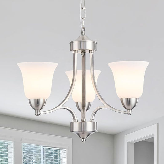 3-Lights Farmhouse Chandelier Brushed Nickel Modern Dining Room Light Fixture Silver Adjustable Ceiling Hanging Pendent Lighting with Frosted Glass for Kitchen Island, Living Room,Foyer