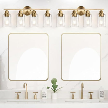 Zarbitta 4-Light Bathroom Light Fixtures, Brushed Brass Modern Vanity Lights with Cyan Glass Shades, Bathroom Wall Lamp for Mirror Kitchen Living Room
