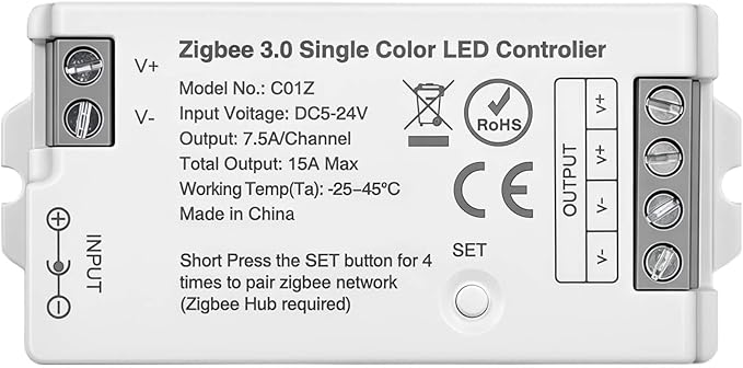 Dimmable Smart ZigBee 3.0 LED controller,compatible with Hub Bridge,Tuya Gateway,Echo Plus for App/Alexa Voice Control Single Color LED Strips DC5V~24V Max 15A(only a ZigBee monochrome controller)