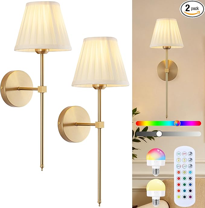 Cordless Battery Operated Wall Sconces Set of 2, Rechargeable Wall Sconce with Remote, Fabric Shade Wireless Wall Sconce Fixtures for Bedroom, Living Room, Bedside (2 Bulbs Included)
