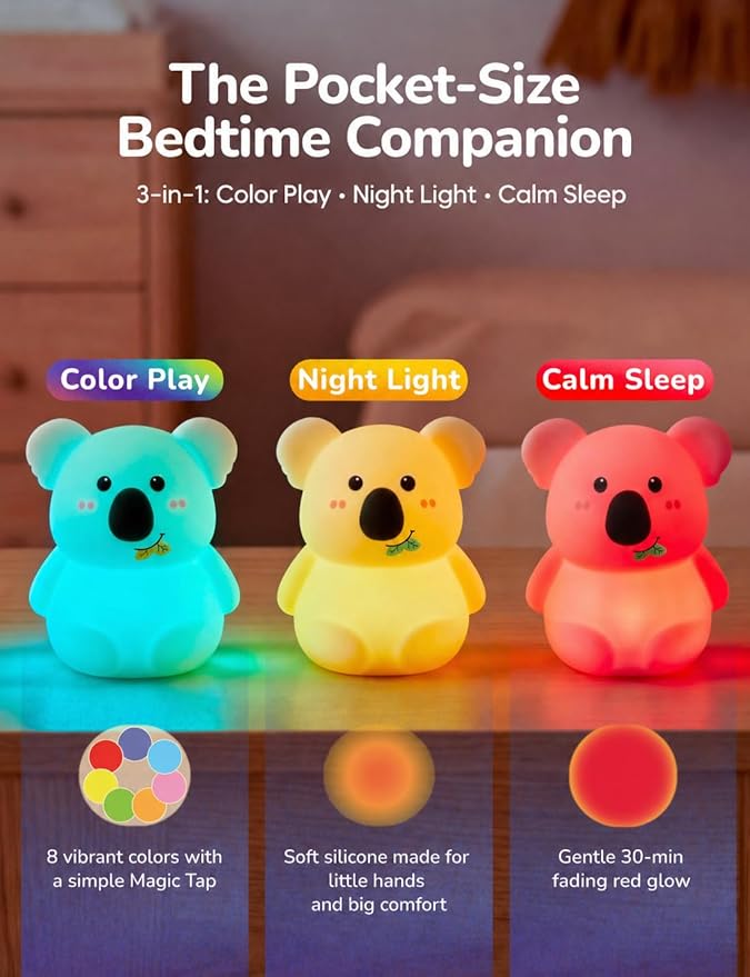 Slumber Pal Mini Koala Night Light for Kids, Silicone Squishy Night Light with 8 Color Changing, Warm Red Glow & Timer, Portable Rechargeable Night Light for Baby Car Seat, Bedroom & Travel