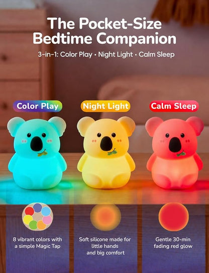 Slumber Pal Mini Koala Night Light for Kids, Silicone Squishy Night Light with 8 Color Changing, Warm Red Glow & Timer, Portable Rechargeable Night Light for Baby Car Seat, Bedroom & Travel