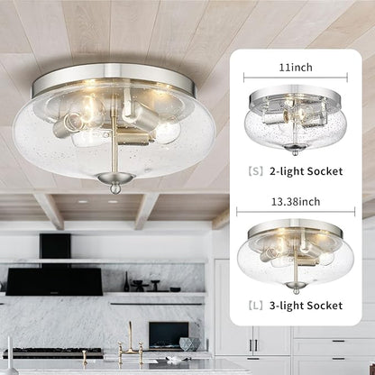Darkaway Large Ceiling Light Fixtures 3-Ight Flush Mount Indoor Outdoor Ceiling Light with Seeded Glass Shade for Hallway Kitchen Bedroom Porch Living Room Dining Room Nickel Finish
