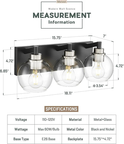Bathroom Light Fixtures, 3-Light Black and Brushed Nickel Bathroom Vanity Light, Modern Wall Sconces with Globe Clear Glass Shade, Vanity Lighting Fixtures Over Mirror, VL195-KN-3