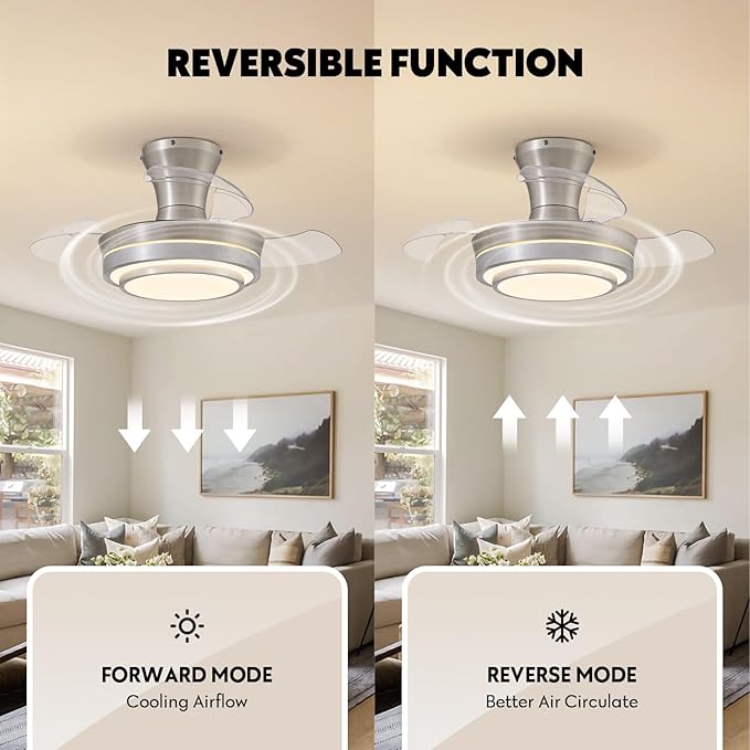Retractable Small Led Ceiling Fan with Light and Remote 28 Inch Low Profile Brushed Nickle Modern Fandelier for Bedroom Living Room Dimmable 6 Speed Reversible Smart Ceiling Fan