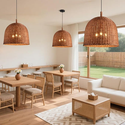 HUEHENGHAO 16.54" Dark Brown Rattan Pendant Light, 3-Light Rattan Chandelier Handmade Woven, Wicker Basket Chandelier Farmhouse for Dining Living Bedroom Kitchen