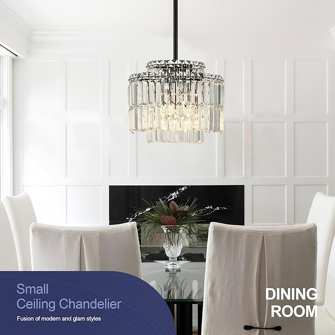 Modern 12.8“ Black Crystal Chandelier Ceiling Light Fixtures for Dining Room Luxury Glam 4-Light Crystal Chandeliers Lighting for Bedroom Entryway Hallway Living Room Kitchen Island Foyer
