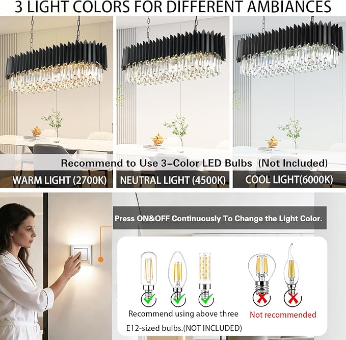 Modern Black Rectangular Crystal Chandelier for Dining Room 3-Tiers 8 Lights Luxury Oval Ceiling Hanging Light Contemporary Pendant Light Fixture for Kitchen Island Living Room Bar L33 inch