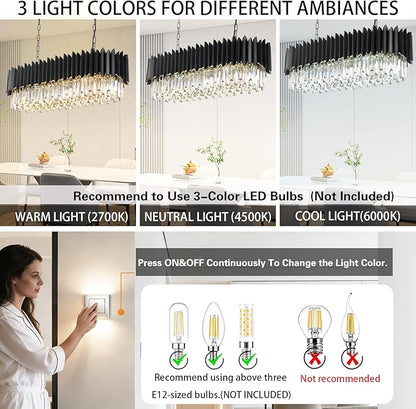 Modern Black Rectangular Crystal Chandelier for Dining Room 3-Tiers 8 Lights Luxury Oval Ceiling Hanging Light Contemporary Pendant Light Fixture for Kitchen Island Living Room Bar L33 inch