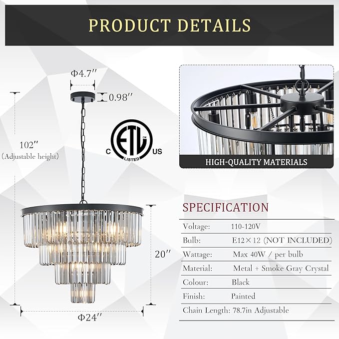 CATINER 24”Modern Black Crystal Chandeliers Ceiling Round Smoke Gray Crystal Chandelier Luxury 4-Tier 12 Lights Pendant Light Fixture Contemporary for Dining Room Foyer Staircase Living Room