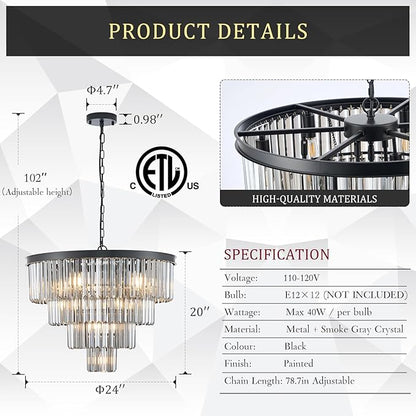 CATINER 24”Modern Black Crystal Chandeliers Ceiling Round Smoke Gray Crystal Chandelier Luxury 4-Tier 12 Lights Pendant Light Fixture Contemporary for Dining Room Foyer Staircase Living Room