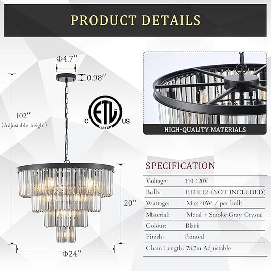 CATINER 24”Modern Black Crystal Chandeliers Ceiling Round Smoke Gray Crystal Chandelier Luxury 4-Tier 12 Lights Pendant Light Fixture Contemporary for Dining Room Foyer Staircase Living Room