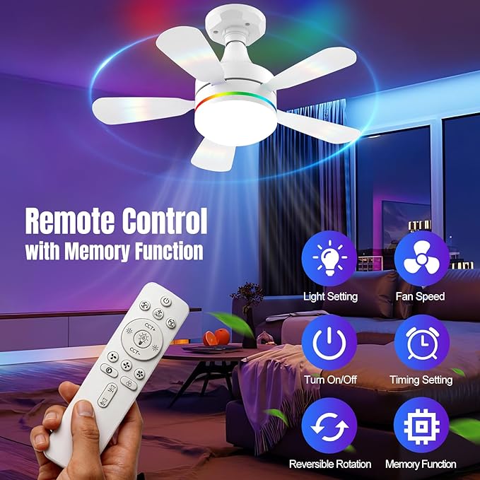 Modern Ceiling Fans with LED Lights, LED E26/E27 Screw Base Mini Light Socket Fan with Cord for Bedroom, Living Room, Kitchen, Balcony (RGB)