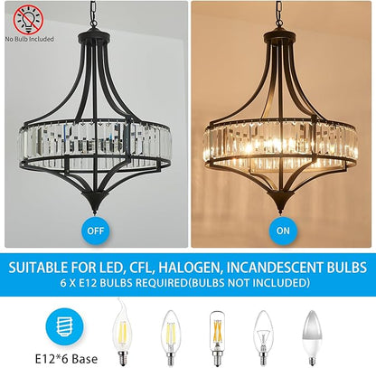 XINGQI Black Crystal Chandeliers for Dining Room, 21.6" Large Rustic Farmhouse Chandelier with Round Metal Shade, 6-Light Dining Room Light Fixture for Kitchen Island Hallway Bedroom