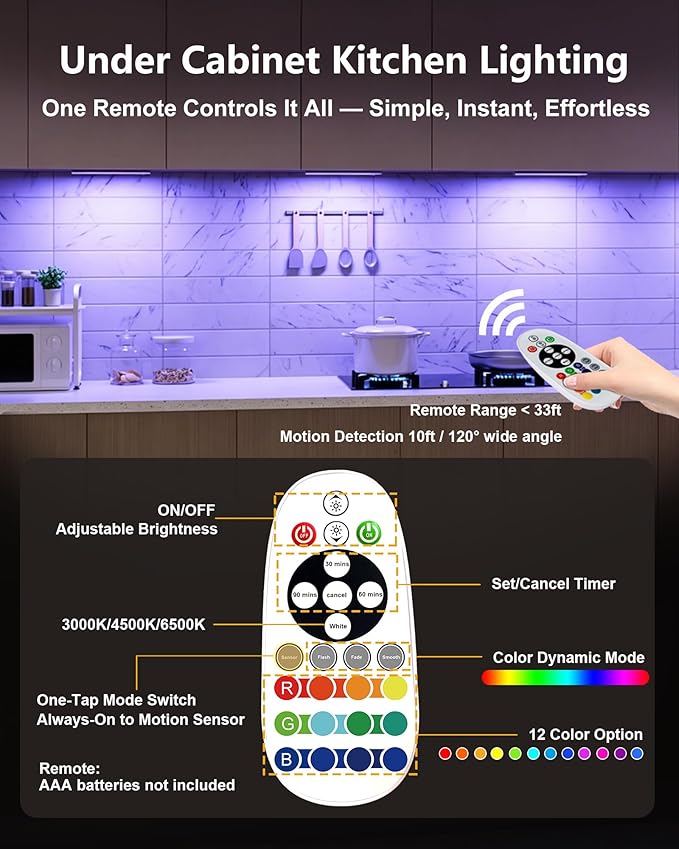 SZOKLED 58-LED Under Cabinet Lighting Wireless, RGB Motion Sensor Night Lights, 1100mAh Magnetic Under Cabinet Lights for Kitchen, Shelf, Stair, 15 Color (4 Pcs)