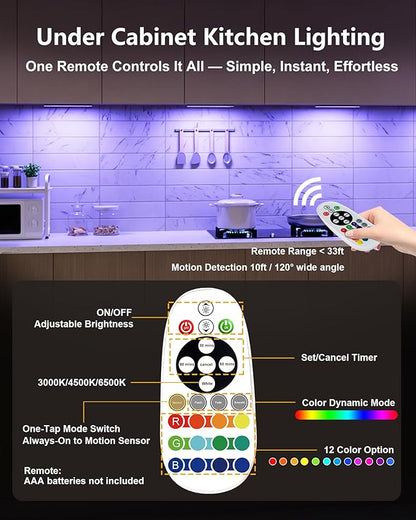 SZOKLED 58-LED Under Cabinet Lighting Wireless, RGB Motion Sensor Night Lights, 1100mAh Magnetic Under Cabinet Lights for Kitchen, Shelf, Stair, 15 Color (4 Pcs)
