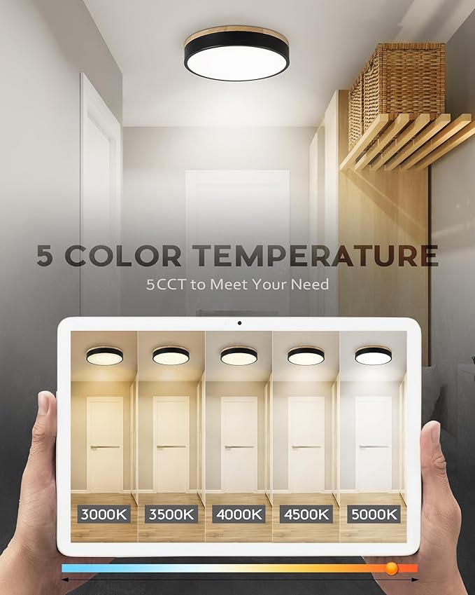 Ken & Ricky Flush Mount Ceiling Light, Dimmable Led Close to Ceiling Light Fixtures for Kitchen Bathroom Bedroom Hallway 5cct (Light Wood, 12 Inch)