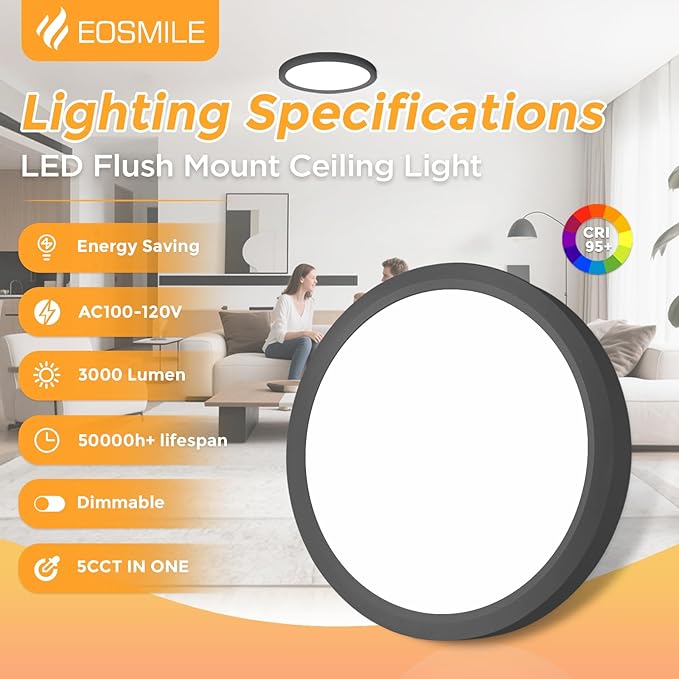 4Pack 12 Inch LED Flush Mount Ceiling Light, 25W, 3000LM, CRI 95+, 2700K-5000K 5CCT & Dimmable, Black Round Surface Flat Panel Light for Hallway, Kitchen, Bedroom, Laundry Room