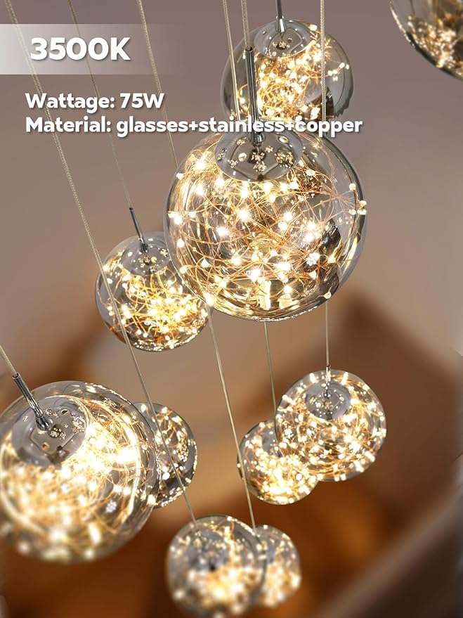 15-Light LED Staircase Chandelier Crystal Ceiling Lights Large Chandeliers for High Ceilings, Entryway Modern Lighting Fixture Villas and Stairs, Adjustable Length 23" W x100 H,75W