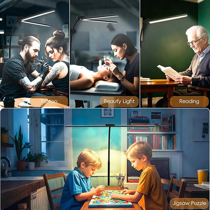 24W/2400LM Dual Head LED Floor Lamp for Living Room, Reading Standing Task Lamp for Office, Adjustable Panels with Remote, No Glare Puzzle Light for Tattoo, Piano, Sewing, Lash, Craft