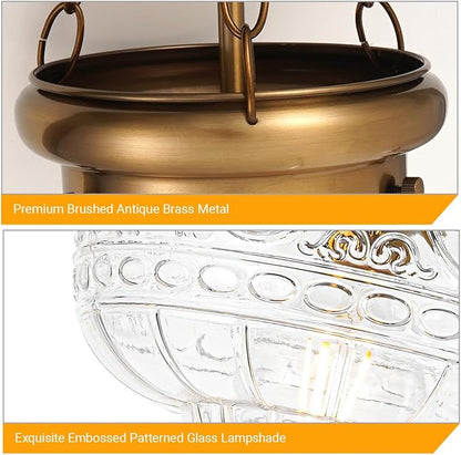 Vintage Pendant Light, Brushed Antique Brass Pendant Lights Kitchen Island with Unique Thickened Glass, Penant Lighting Fixtures with Adjustable Chain, Hanging Light Fixtures for Dining Room, Entryway