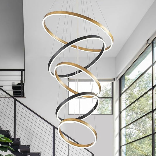 LED 5-Ring Chandelier Modern Vintage Gold Chandelier with Remote Control High Ceiling Foyer Chandeliers Light Brass Circle Round Chandeliers for Living Room Entry Motel,100W