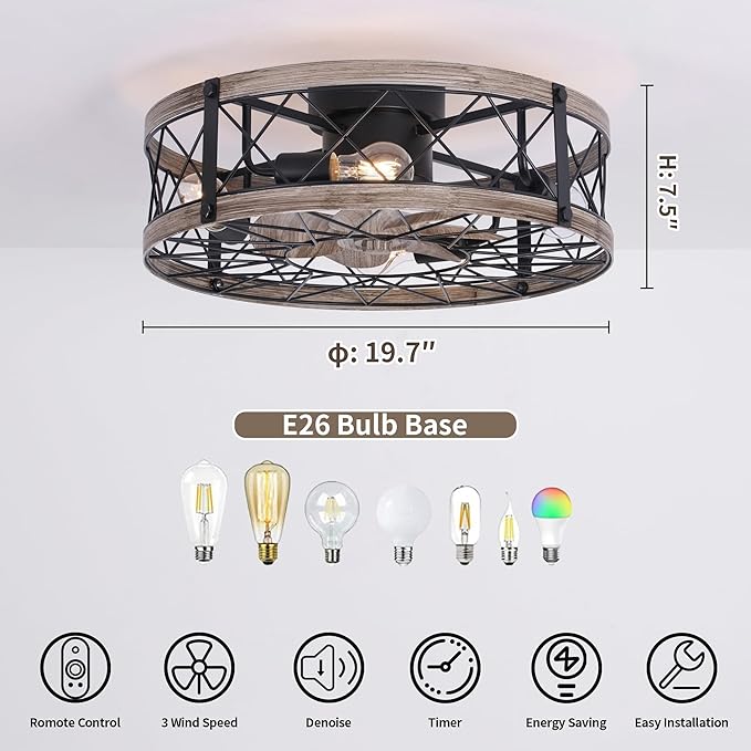 REDSTAR Flush Mount Caged Ceiling Fan with Lights, 20" Small Bladeless Ceiling Fans with Remote, Rustic Low Profile Ceiling Fans 6-Speeds Reversible Enclosed Ceiling Fan for Bedroom Kitchen Farmhouse