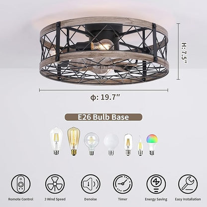 REDSTAR Flush Mount Caged Ceiling Fan with Lights, 20" Small Bladeless Ceiling Fans with Remote, Rustic Low Profile Ceiling Fans 6-Speeds Reversible Enclosed Ceiling Fan for Bedroom Kitchen Farmhouse