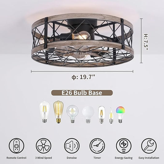 REDSTAR Flush Mount Caged Ceiling Fan with Lights, 20" Small Bladeless Ceiling Fans with Remote, Rustic Low Profile Ceiling Fans 6-Speeds Reversible Enclosed Ceiling Fan for Bedroom Kitchen Farmhouse