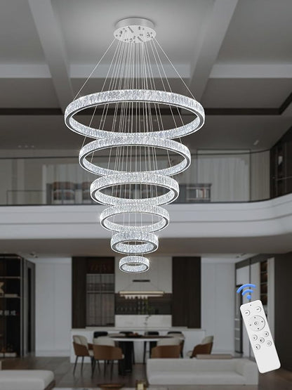 Extra Large 6 Ring Crystal Chandelier Modern LED Long Crystal Chandelier for High Ceiling Height Adjustable D8+15.7"+23.6"+31.5"+39.4"+47.5" Dimmable 2700K-6000K