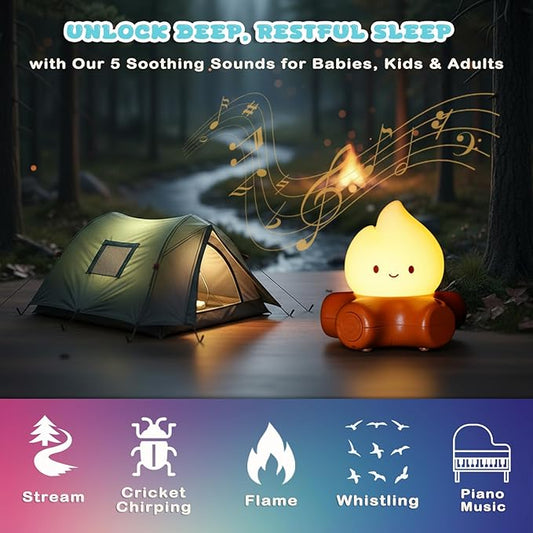 Campfire Night Light, 5 White Noise Mode, Cute Bonfire Gifts, Silicone Night Light with Candle Mode, Rechargeable Bedroom Decor, Gift for Children, Teens, Adults, Halloween, Christmas & Birthdays