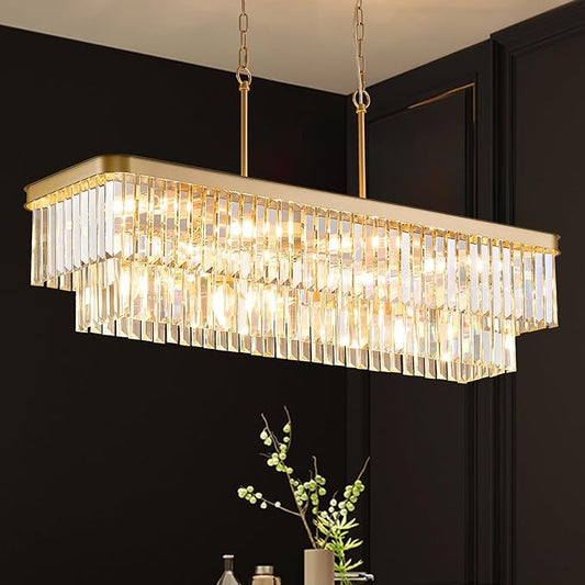 Rectangle Crystal Chandelier L40” 12 Lights Modern Gold Rectangular Long Chandeliers Luxury K9 Ceiling Pendant Light for Kitchen Island Dining Room Living Room Bar