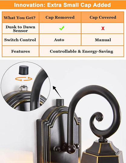 Dusk to Dawn Outdoor Wall Light Vintage Wall Lamp Outside with IP65 Sensor Exterior Light Fixtures Wall Mount Porch Light E26 Exterior Wall Sconces in Black with Gold Rim for House 2-Pack
