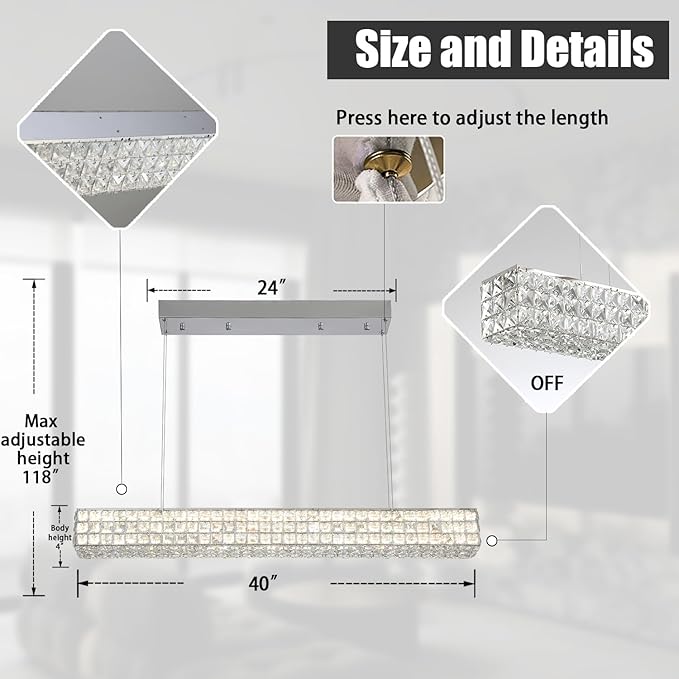ykolupty Modern Crystal Chandelier Silver Rectangular Crystal Chandelier Contemporary Linear Pendant Ceiling Light Fixture for Living Dining Room Kitchen Island (L 40")