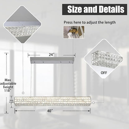 ykolupty Modern Crystal Chandelier Silver Rectangular Crystal Chandelier Contemporary Linear Pendant Ceiling Light Fixture for Living Dining Room Kitchen Island (L 40")