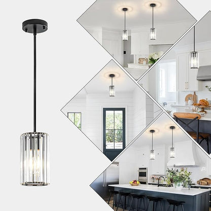 Modern Crystal Pendant Lights, Hanging Light Fixtures Mini Kitchen Island Pendant Lights Adjustable Crystal Chandelier Fixture for Island Dining Room Hallway Bedroom, Black 2-Pack