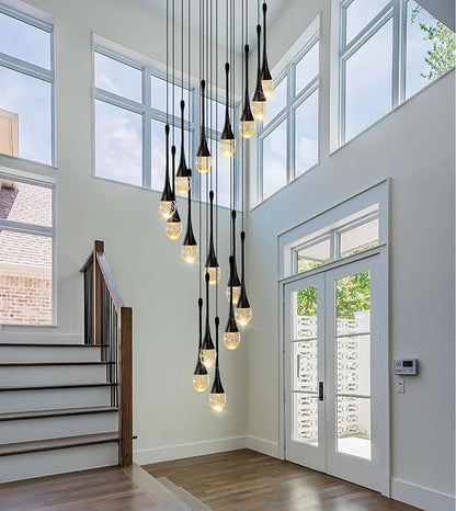 ykolupty Modern Crystal Chandeliers LED Dimmable Stairwell Chandelier 12-Lights Teardrop Chandelier Large Pendant Light for Entryway Foyer Living Room Black