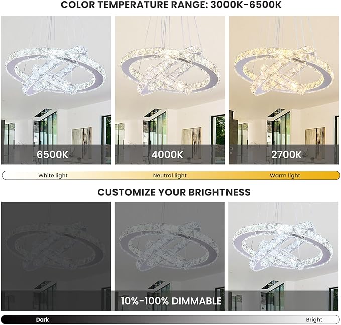 Modern Dimmable LED Chandelier 3 Rings Crystal Chandelier with Remote Stainless Steel Adjustable Pendant Light for Living Dining Room Bedroom