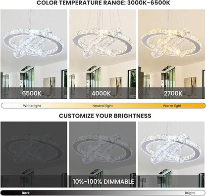 Modern Dimmable LED Chandelier 3 Rings Crystal Chandelier with Remote Stainless Steel Adjustable Pendant Light for Living Dining Room Bedroom