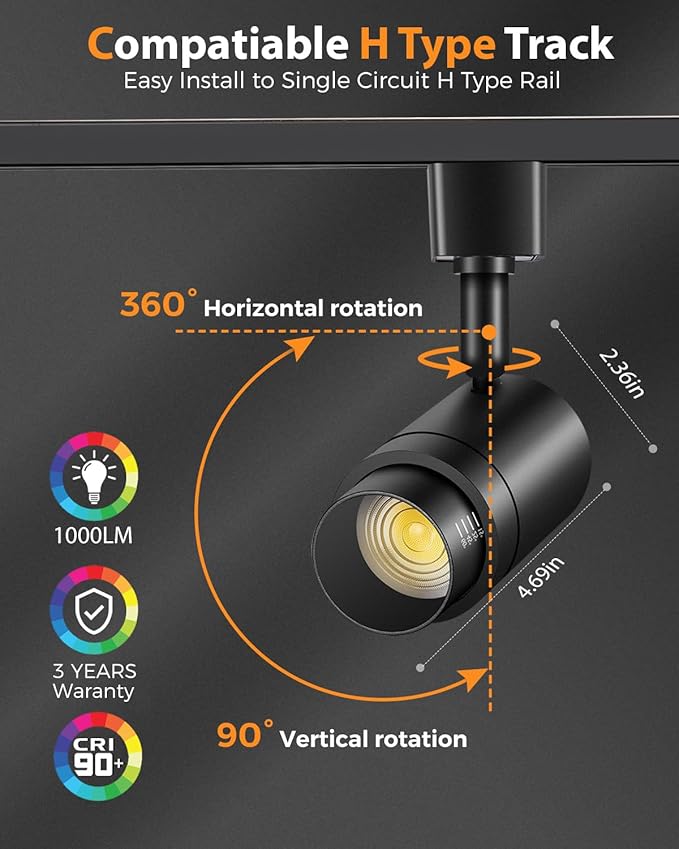 Zoomable H Track Lighting Heads H Type Track Light Heads Dimmable LED Track Lighting Fixtures Ceiling Spot Light, H Style Track Heads for H Track Lighting Rails - Black CRI90 12W 4 Pack 4000K