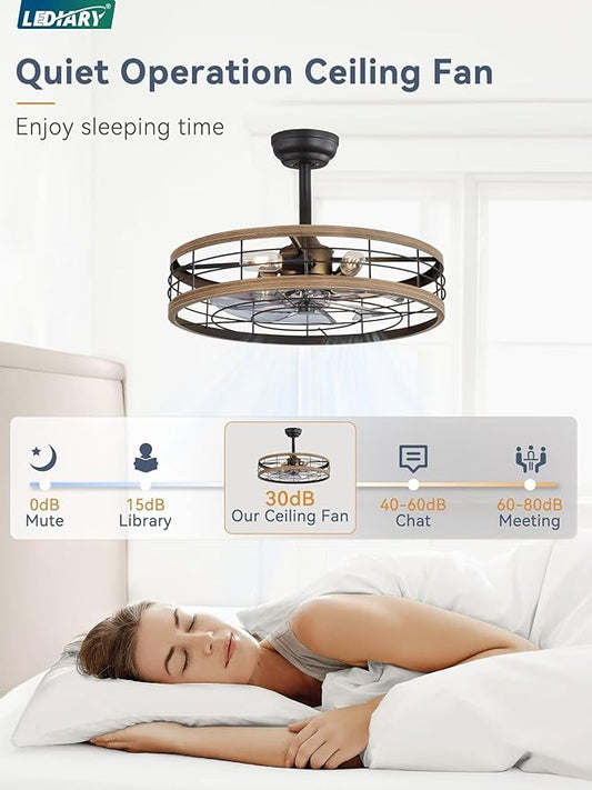 LEDIARY 22 inch Caged Ceiling Fan with Light, Fandelier Industrial Ceiling Fan with Remote, Farmhouse Fan Lights Ceiling Fixtures for Kitchen, Bedroom, Outdoor（6 Speed, Timing）-Brown