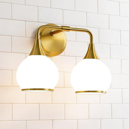 Brushed Gold Bathroom Light Fixtures 2-Lights Vanity Lights with Milky White Frosted Glass Shade Bathroom Vanity Light 14 inch Wall Sconce Lighting Bath(Exclude E26 Bulb)