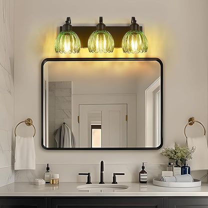 3-Light Black Vanity Lights with Green Tulip Glass Shade, Bathroom Lighting Fixture Over Mirror, Vintage Vanity Wall Sconce Lamp for Kitchen Living Room Hallway