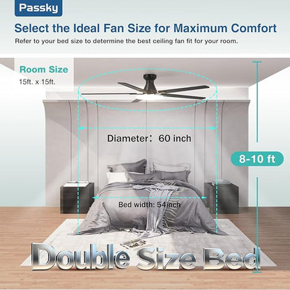 Passky Ceiling Fans with Lights, 60 inch Flush Mount Ceiling fan with Remote Control, Low Profile Ceiling Fan for Bedroom, Farmhouse, Reversible, 3CCT, Dimmable, Noiseless DC Motor, Black