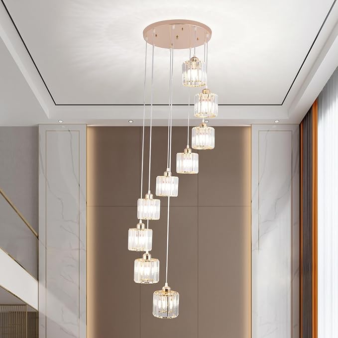 High Ceilings Long Chandeliers Modern Crystal Pendant Light Raindrop Drop Lamp Hanging Chandeliers Flush Mount Lighting Fixtures for Staircase Foyer Entryway Gold 9 Lights
